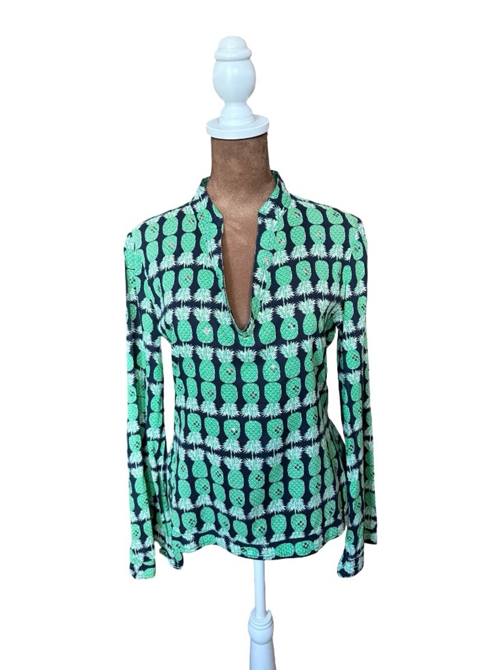 Tory Burch Pineapple Tunic Top Green Navy Cotton Long Sleeve Womens 4 Luxury
